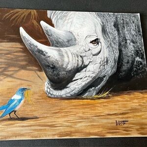 Oil Painting Rhino and Bird Signed by Original Artist 16x18 Inches